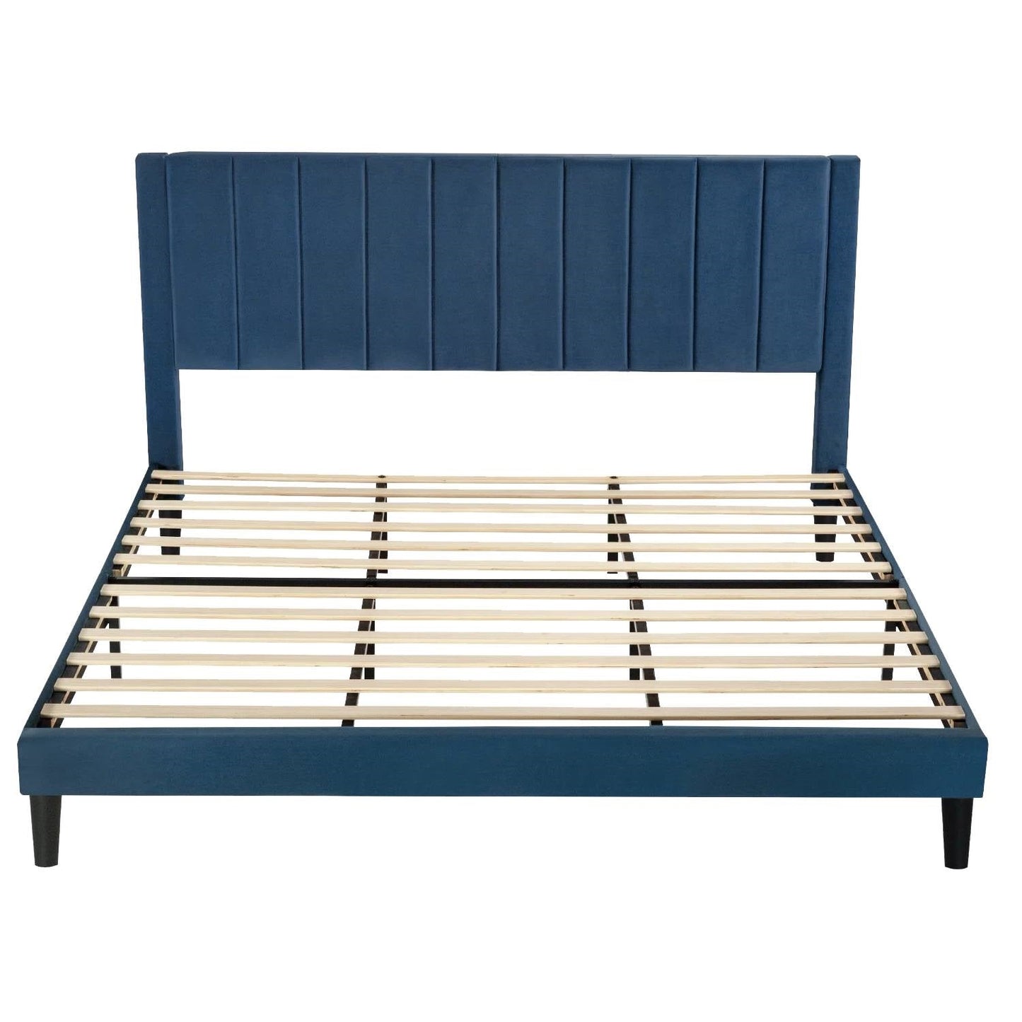King size Modern Navy Blue Velvet Upholstered Platform Bed with Headboard — Chic Home-Decor