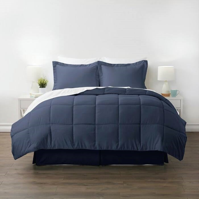Queen Navy Microfiber Baffle-Box 6-Piece Reversible Bed-in-a-Bag Comforter Set — Chic Home-Decor