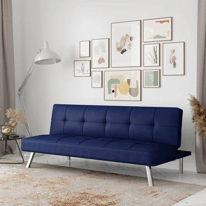 Modern Futon Sofa Bed Fabric with Chrome Metal Legs – Navy Blue