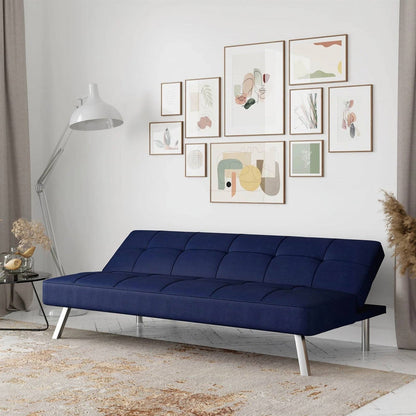 Modern Futon Sofa Bed in Navy Blue Fabric with Chrome Metal Legs