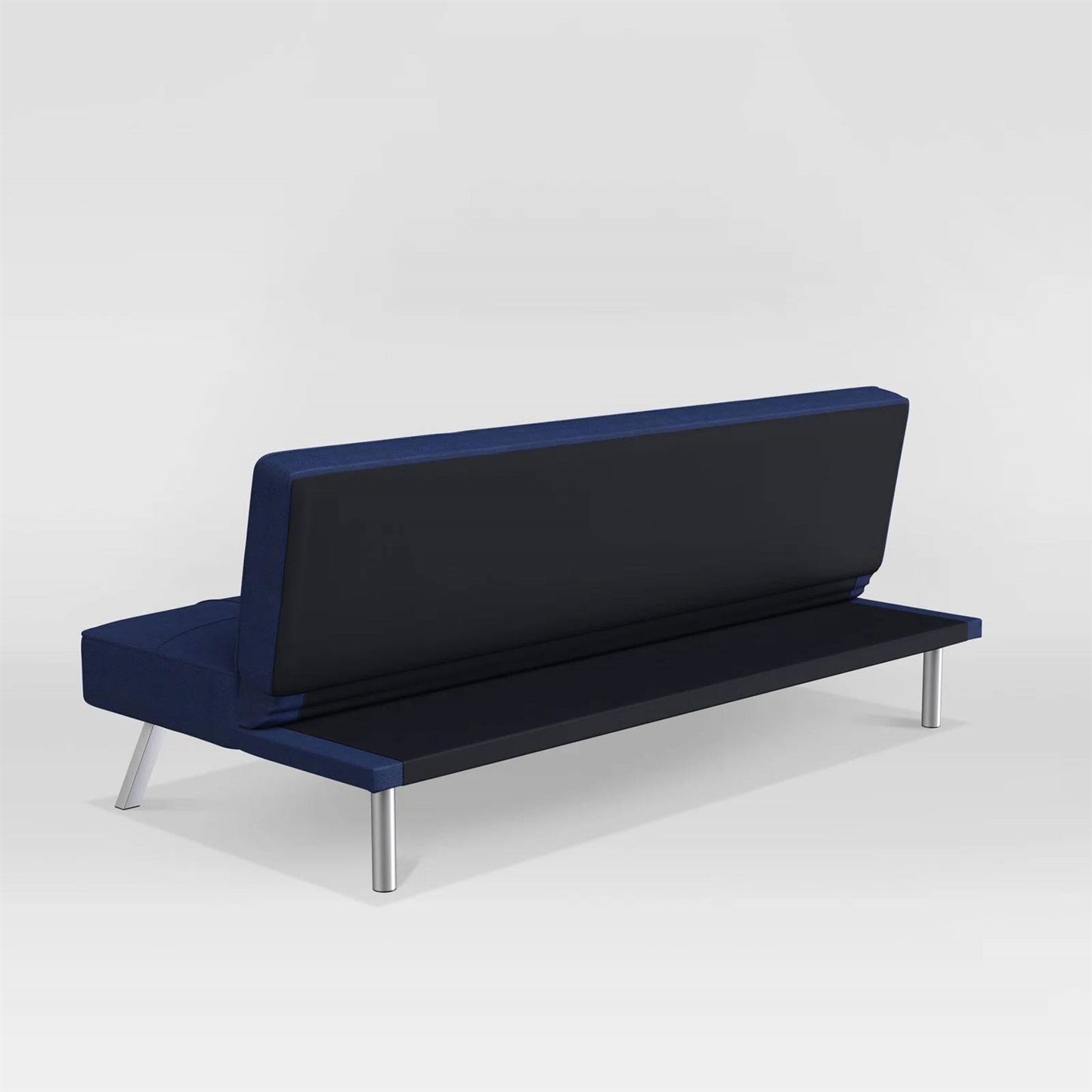 Modern Futon Sofa Bed in Navy Blue Fabric with Chrome Metal Legs