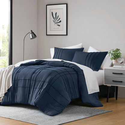 King Size Navy Blue Microfiber Pleated Bohemian Style Pre-Washed Comforter Set