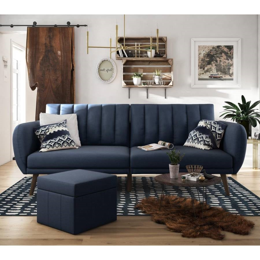 Linen Futon Sofa Bed with Modern Mid-Century Style Wooden Legs