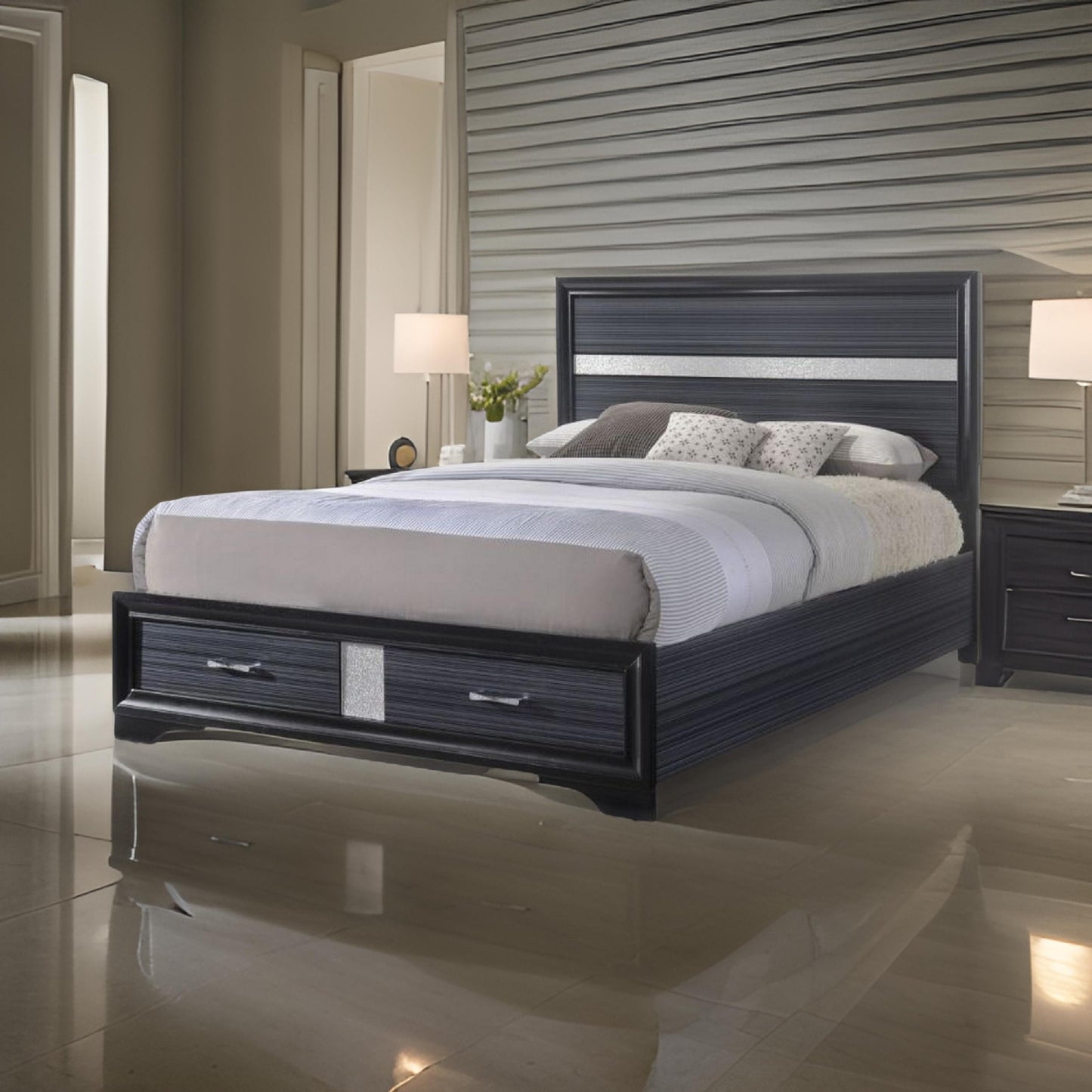 Nae Queen Size Bed, Rubberwood, Gray, Textured, Shimmery Acrylic Trim