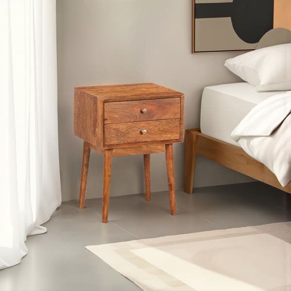 Nali Bedside Nightstand Table, 2 Drawers, Natural Brown Mango Wood, Brass Knobs