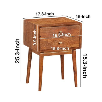 Nali Bedside Nightstand Table, 2 Drawers, Natural Brown Mango Wood, Brass Knobs