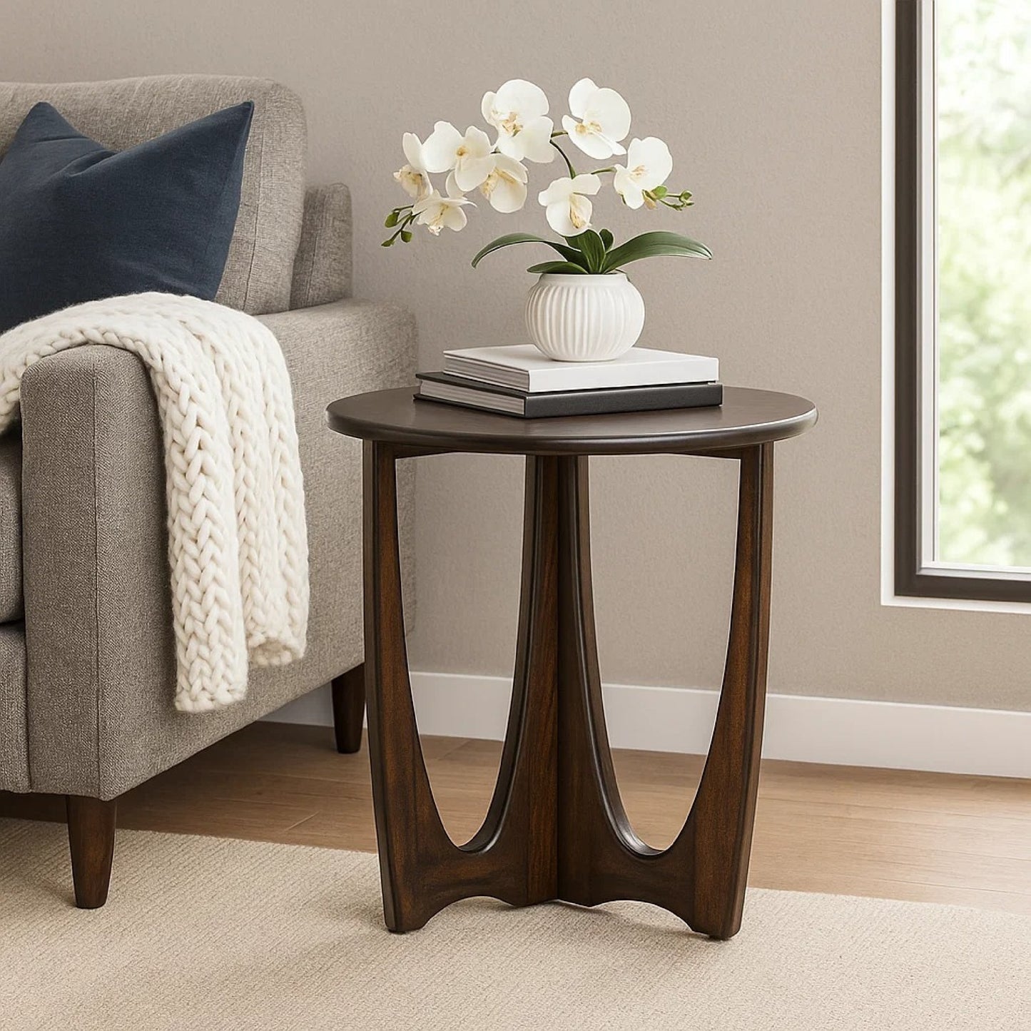 Natra Chairside Table, 22 Inch Round Top w Cutout Base, Dark Brown