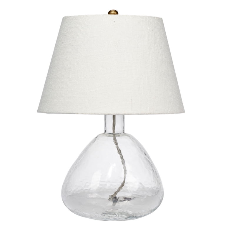 Navi 17 Inch Table Lamp, White Linen Drum Shade, Clear Glass Curved Body