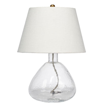 Navi 17 Inch Table Lamp, White Linen Drum Shade, Clear Glass Curved Body