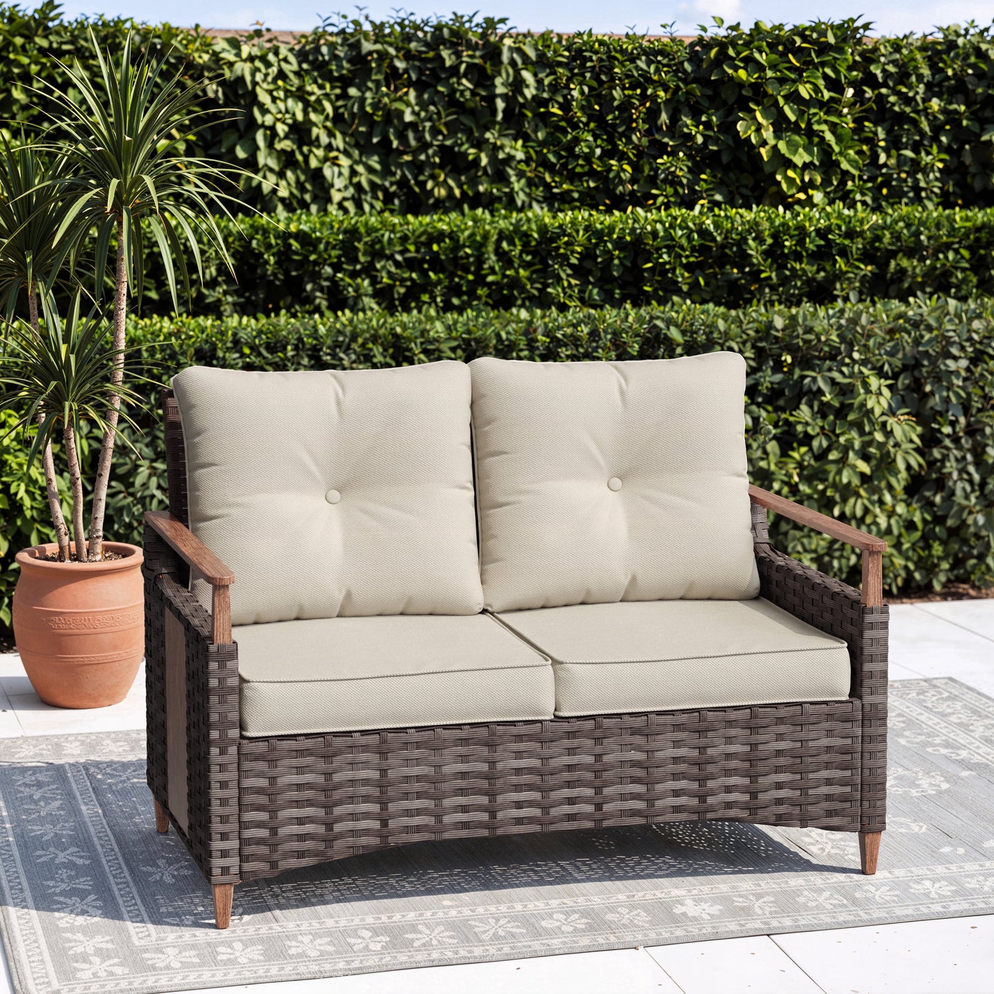 Kaila 2pc Outdoor Table and Loveseat Set, Black Cushion, Natural Brown