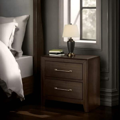 Nightstand with 2 Drawers and Metal Bar Pulls, Walnut Brown