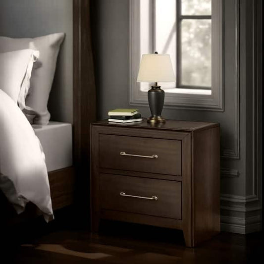 Nightstand with 2 Drawers and Metal Bar Pulls, Walnut Brown