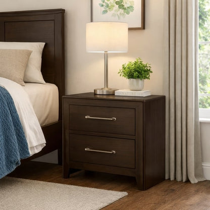 Nightstand with 2 Drawers and Metal Bar Pulls, Walnut Brown