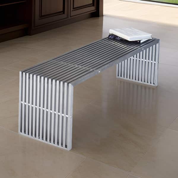 Niki 55 Inch Metal Bench, Slatted, Rectangular Shape, Brushed Silver Steel