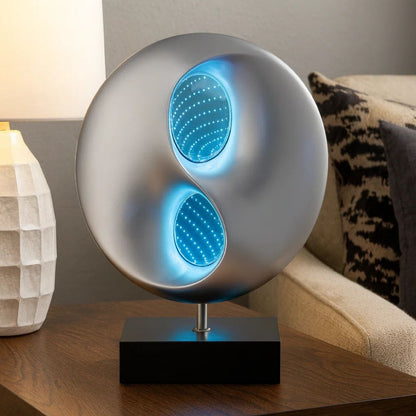 Nila 20 Inch LED Table Lamp, Black Silver Polyresin Orb Sphere, Block Base