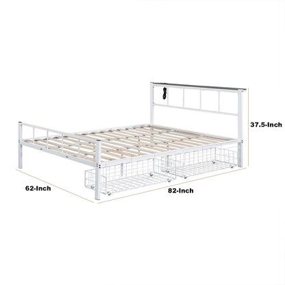 Nix Queen Size Bed w Underbed Storage, Slatted White Metal Headboard