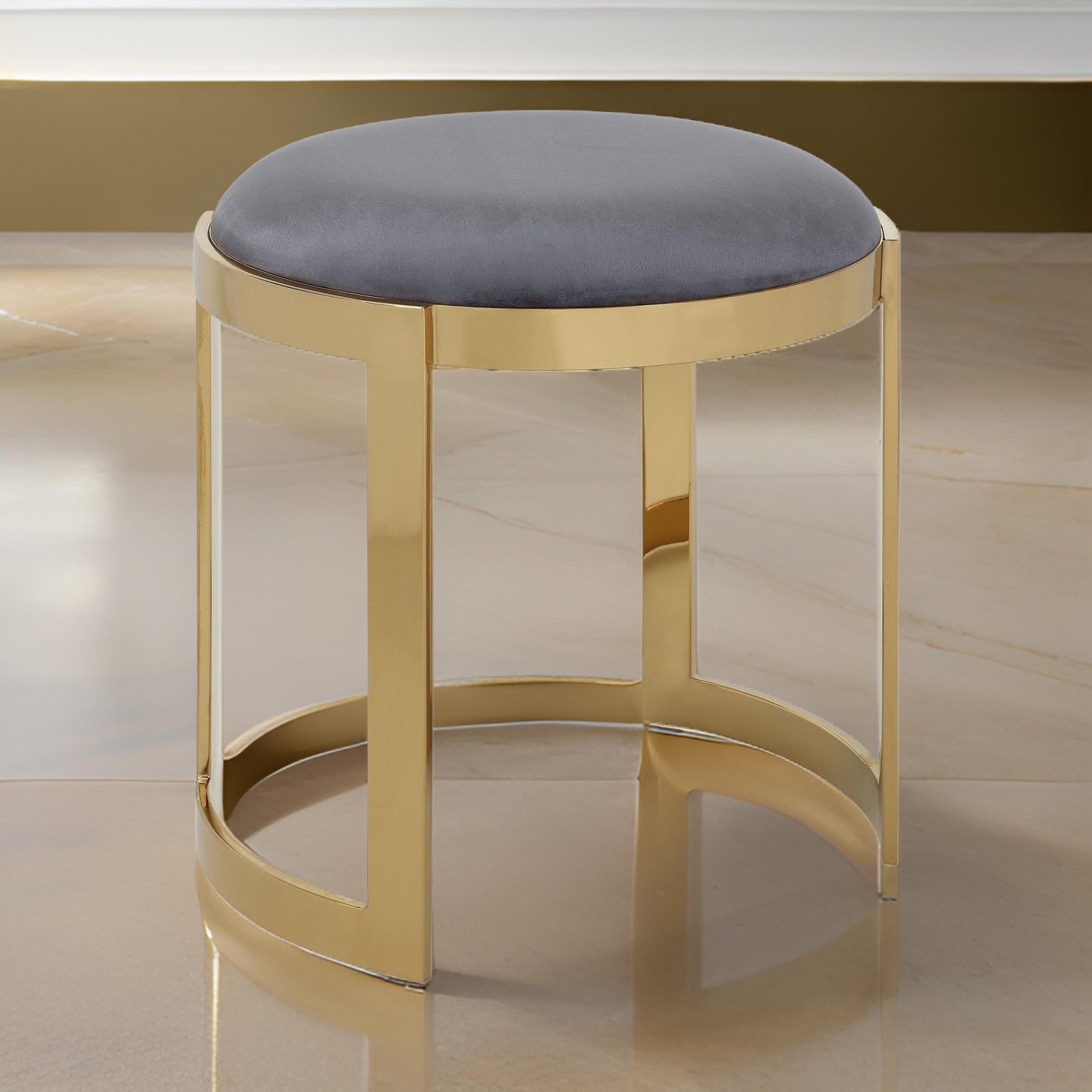 Niyo 19 Inch Ottoman Stool, Round Navy Blue Velvet, Gold Stainless Steel