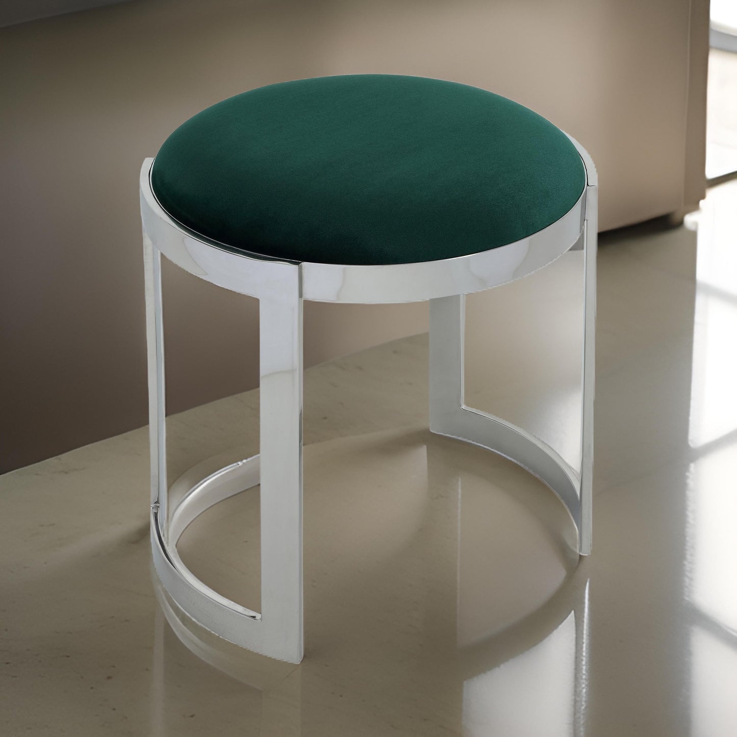 Niyo 19 Inch Accent Stool Ottoman, Round Seat, Soft Green Velvet, Silver