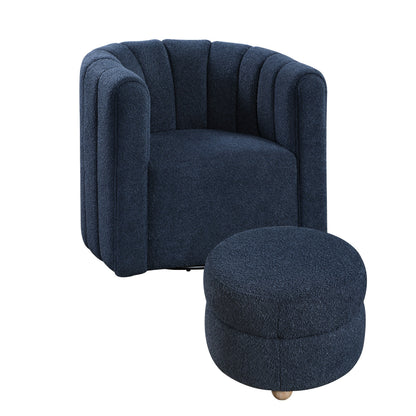 Noa Swivel Chair and Ottoman, Channel Tufted Curved Back, White Boucle