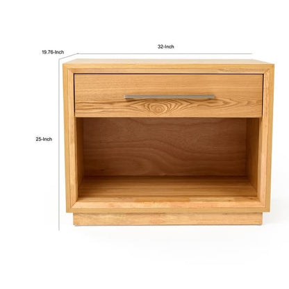 Noe Malia 32 Inch Nightstand, 1 Drawer, 1 Shelf, Natural Brown Solid Wood