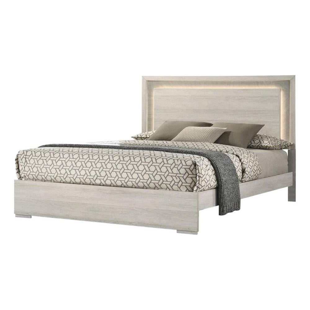 Nomi Queen Size Bed w LED on Headboard, Antique White Wash Finsih