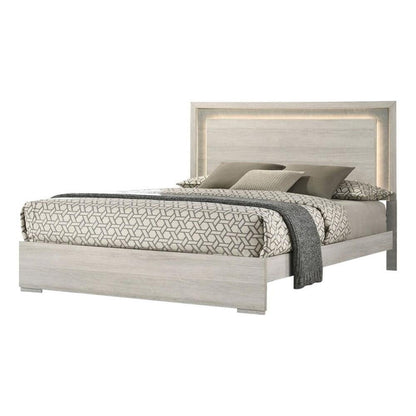 Nomi Queen Size Bed w LED on Headboard, Antique White Wash Finsih