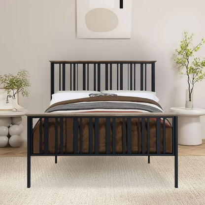 Nori Full Bed with Slatted Metal Frame, MDF Wood, Oak Brown and Black
