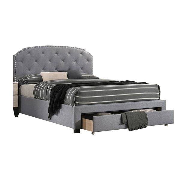 Nue Twin Upholstered Bed with Curved Tufted Headboard, Nailhead Trim, Gray