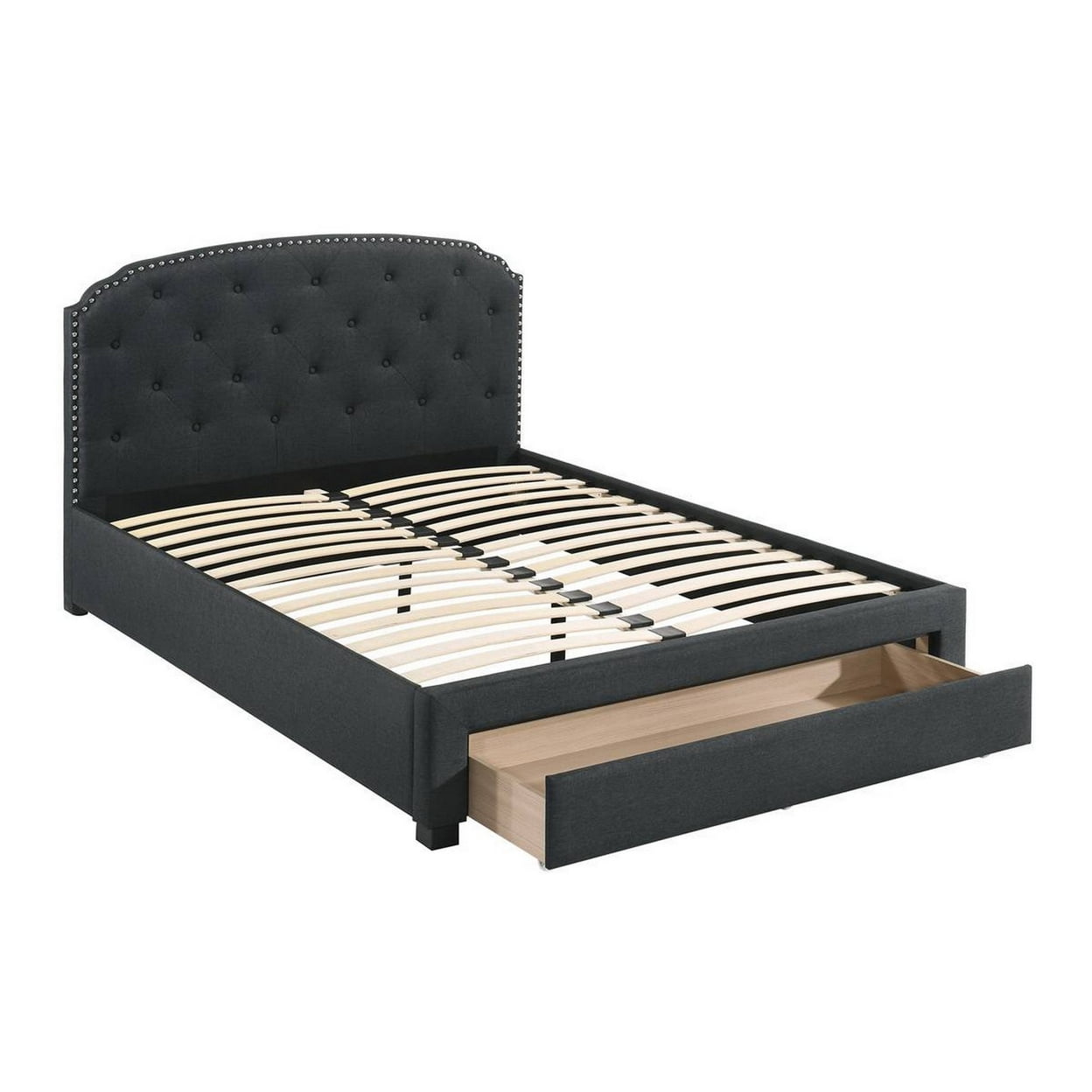 Nue Twin Upholstered Bed, Curved Tufted Headboard, Charcoal Gray Burlap
