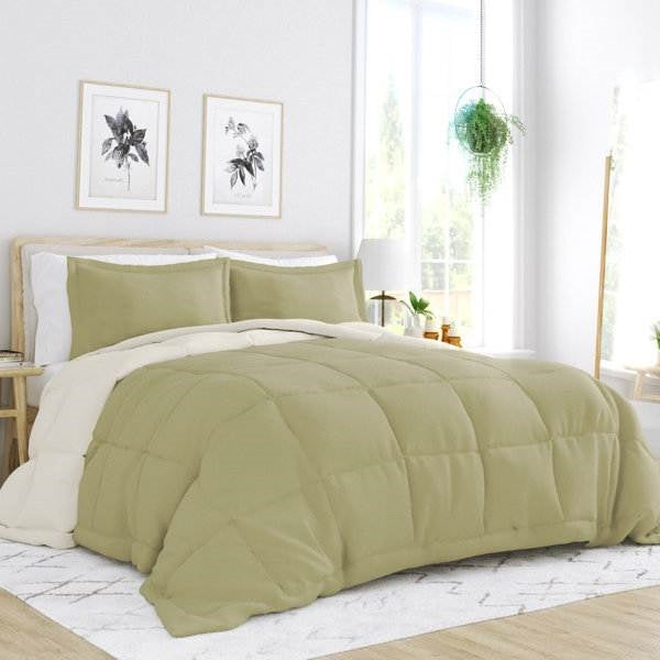 Full/Queen 3-Piece Microfiber Reversible Comforter Set in Sage Green/Cream — Chic Home-Decor