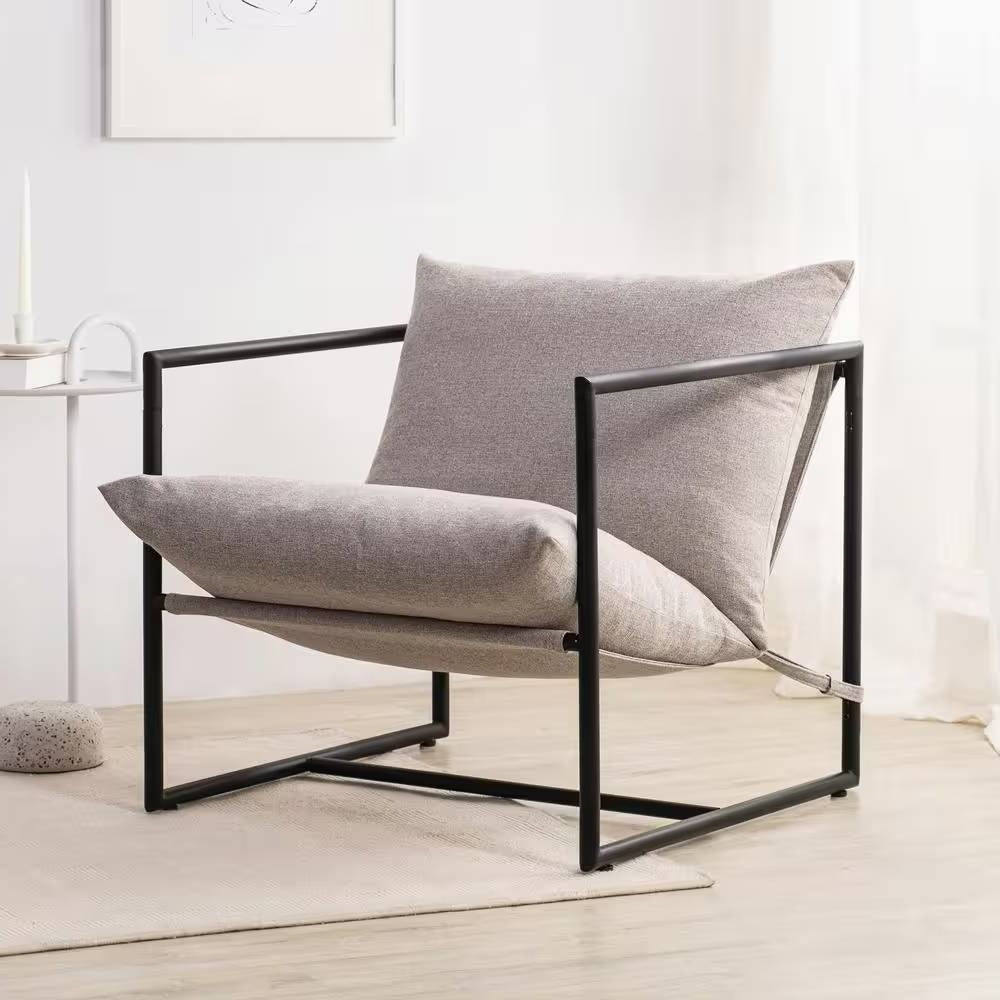 Modern Beige Grey Tan Oatmeal Upholstered Accent Chair with Metal Frame — Chic Home-Decor