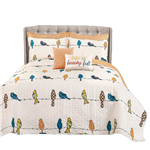 Full/Queen Orange White Blue Floral Birds On Wire 7 Piece Lightweight Quilt Set — Chic Home-Decor