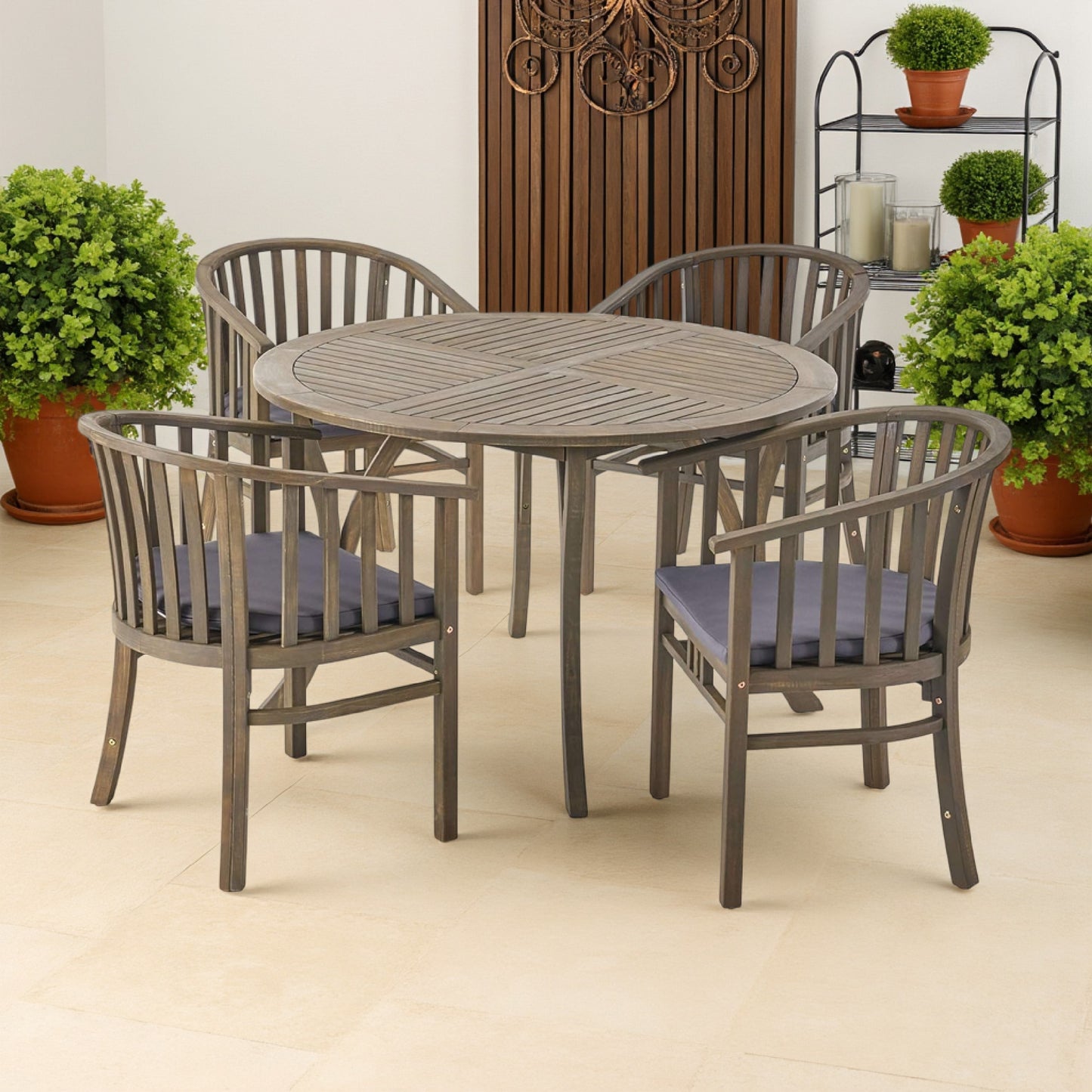 Olen Outdoor Round Dining Table, Curved Legs, Gray Acacia Wood 47 Inch