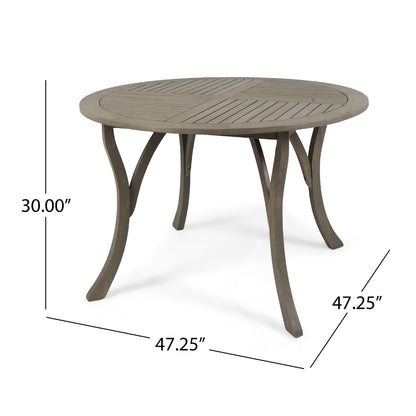 Olen Outdoor Round Dining Table, Curved Legs, Gray Acacia Wood 47 Inch