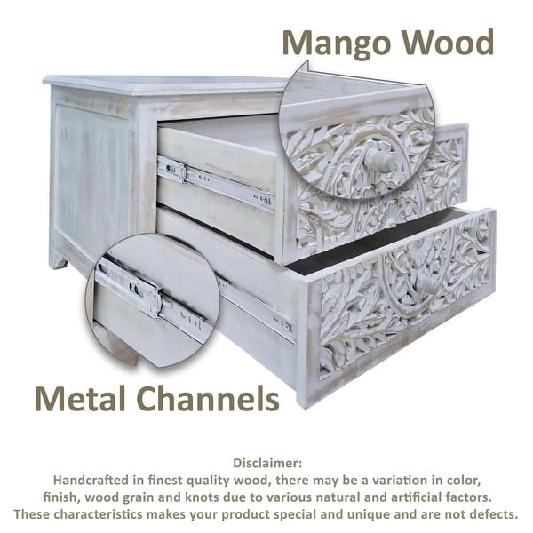 Olta 24 Inch Handcrafted Mango Wood Nightstand Side Table, 2 Drawers, Floral Carved Cut Out Design, Antique White