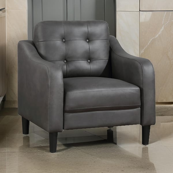 Orry 32 Inch Accent Chair, Tufted Back, Gray Microfiber, Black Solid Wood