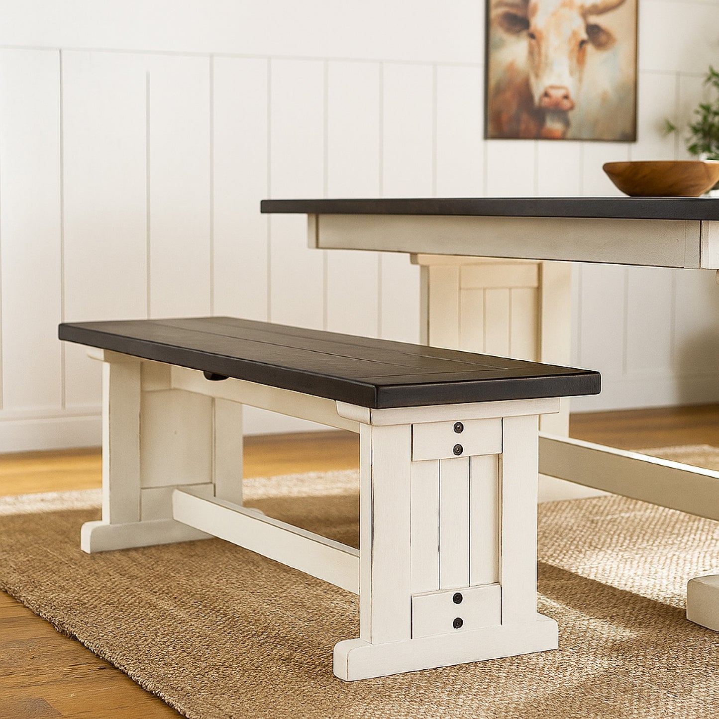 Orso Side Dining Bench, Plank Seat, Off White and Brown Wood 48 Inch