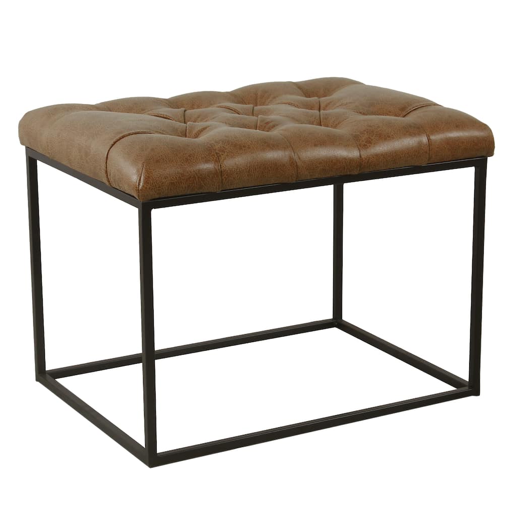 Ottoman Footstool, Black Metal, Brown Tufted Faux Leather 22 Inch