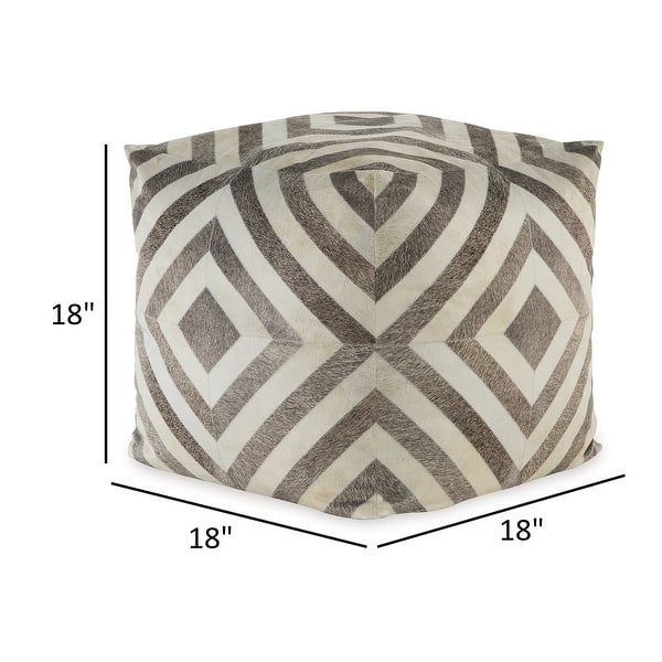 Ottoman Pouf, 18 Inch, Square, Brown and Ivory Polyester Geometric Design