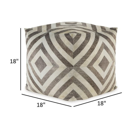Ottoman Pouf, 18 Inch, Square, Brown and Ivory Polyester Geometric Design