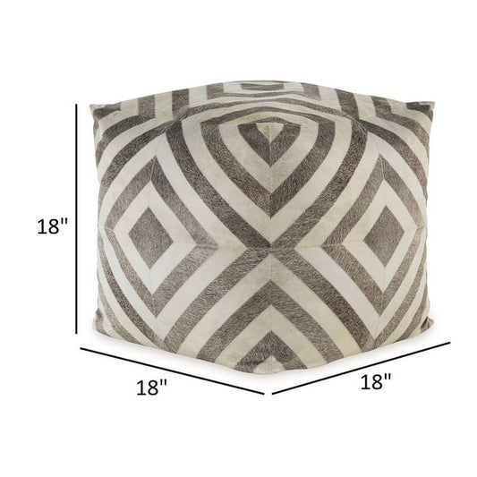 Ottoman Pouf, 18 Inch, Square, Brown and Ivory Polyester Geometric Design