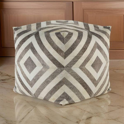 Ottoman Pouf, 18 Inch, Square, Brown and Ivory Polyester Geometric Design