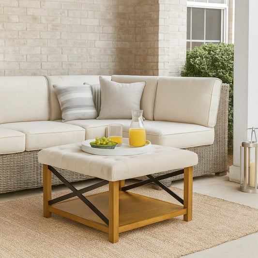 Ottoman with Open Storage, Wood Legs, Cream Tufted Microfiber 30 Inch