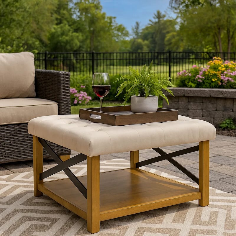 Ottoman with Open Storage, Wood Legs, Cream Tufted Microfiber 30 Inch