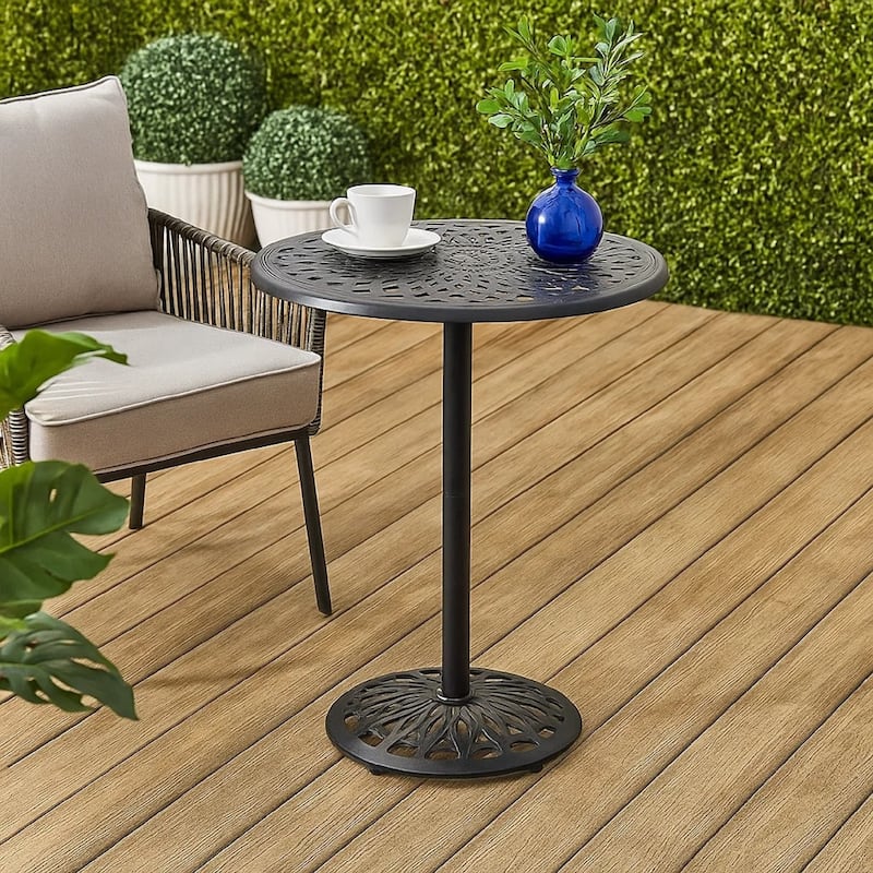 Outdoor Bar Table, 35 Inch Round Carved Top, Antique Bronze Aluminum