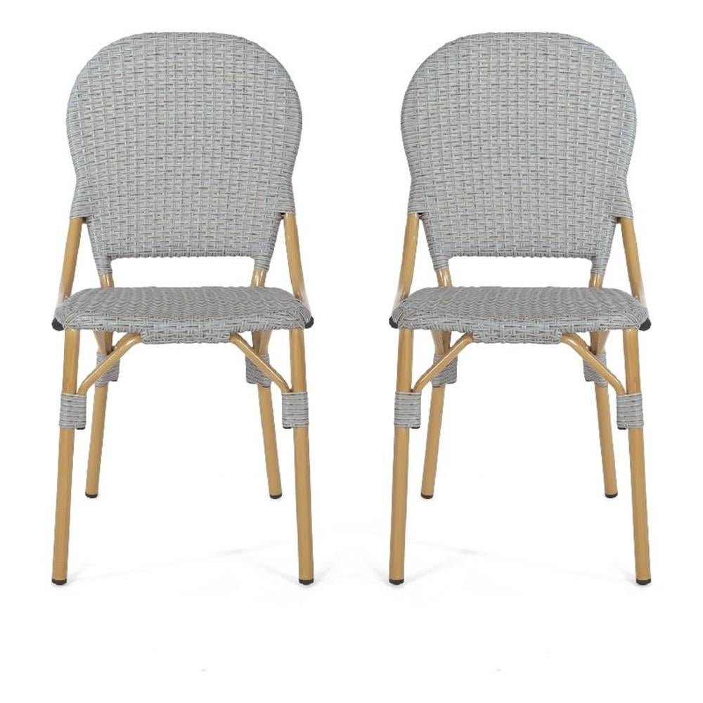 Outdoor Bistro Chair Set of 2, Gray Faux Rattan, Natural Brown Metal
