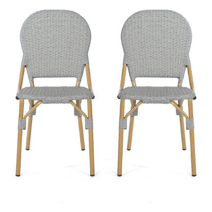Outdoor Bistro Chair Set of 2, Gray Faux Rattan, Natural Brown Metal