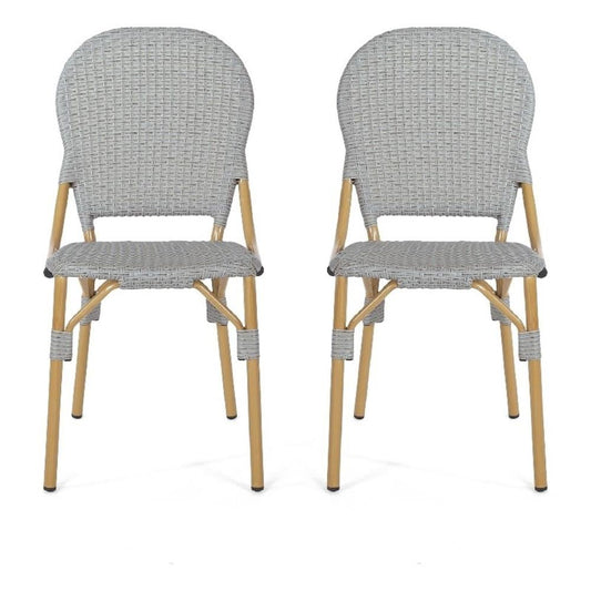 Outdoor Bistro Chair Set of 2, Gray Faux Rattan, Natural Brown Metal