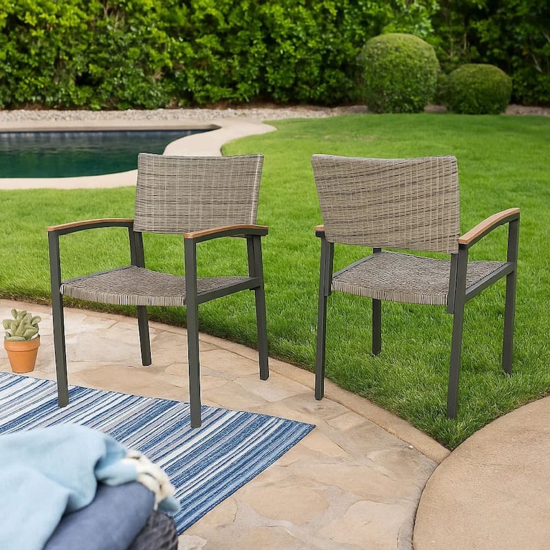Outdoor Dining Chair Set of 2, Mesh Seat, Gray Rattan and Brown Faux Wood