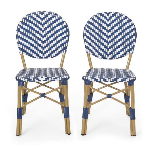 Outdoor French Bistro Chair Set of 2, White Blue Wicker Woven, Brown